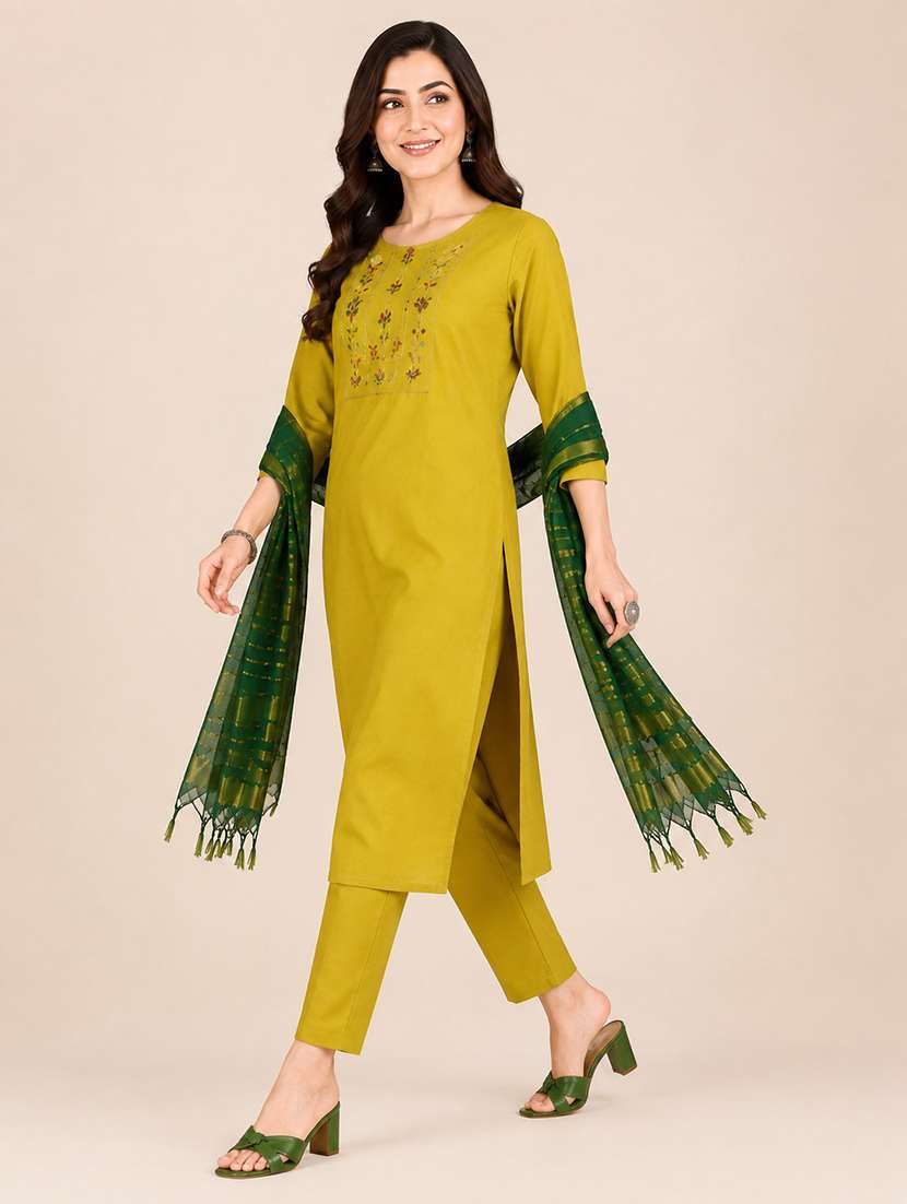 Women Solid With Work Three Quarter Sleeve Kurta Pant With Dupatta Set - 22663842 -  Standard Image - 1