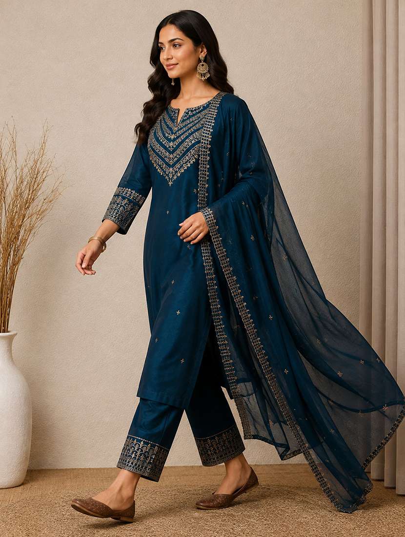 Women Solid With Work Three Quarter Sleeve Kurta Pant With Dupatta Set - 22663852 -  Standard Image - 1