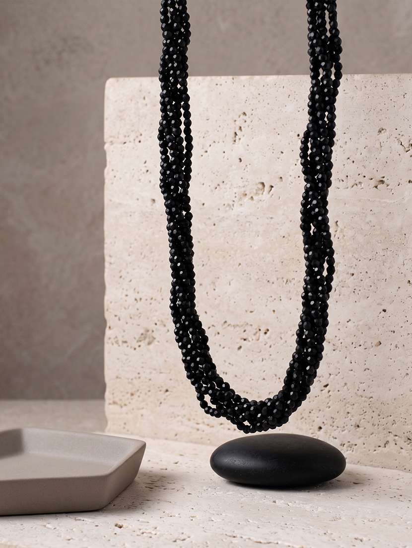 women long black crystal facetted beads necklace