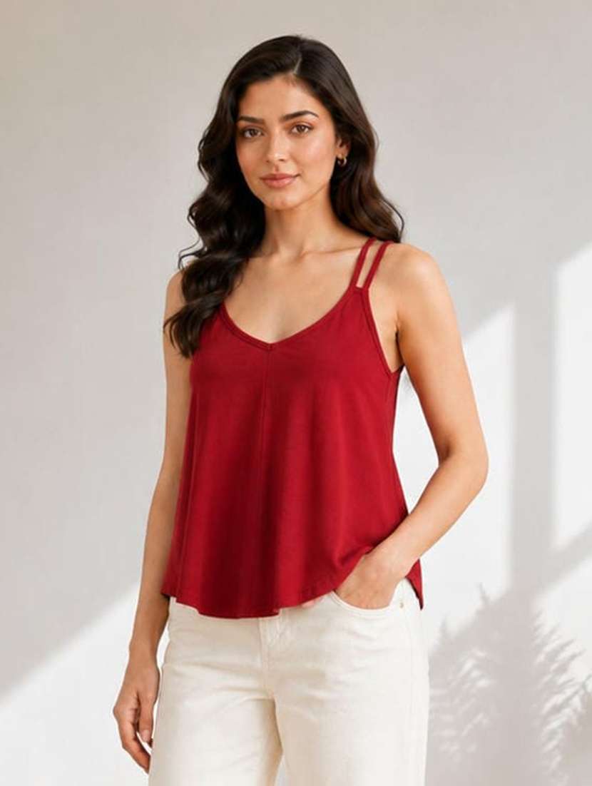 women solid shoulder strap regular top