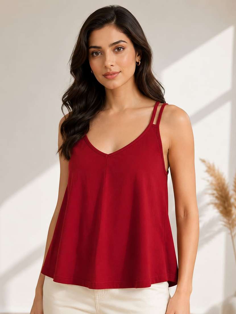 Women Solid Shoulder Strap Regular Top - 22663966 -  Standard Image - 1