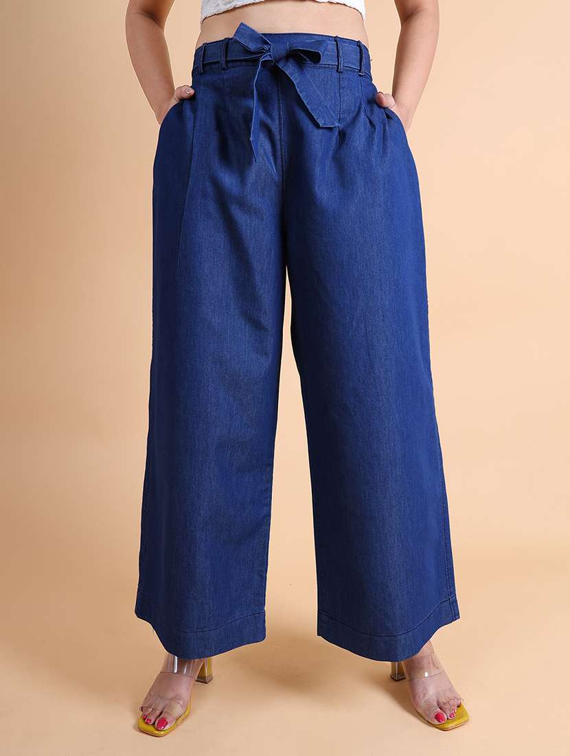 women solid high rise relaxed fit palazzo
