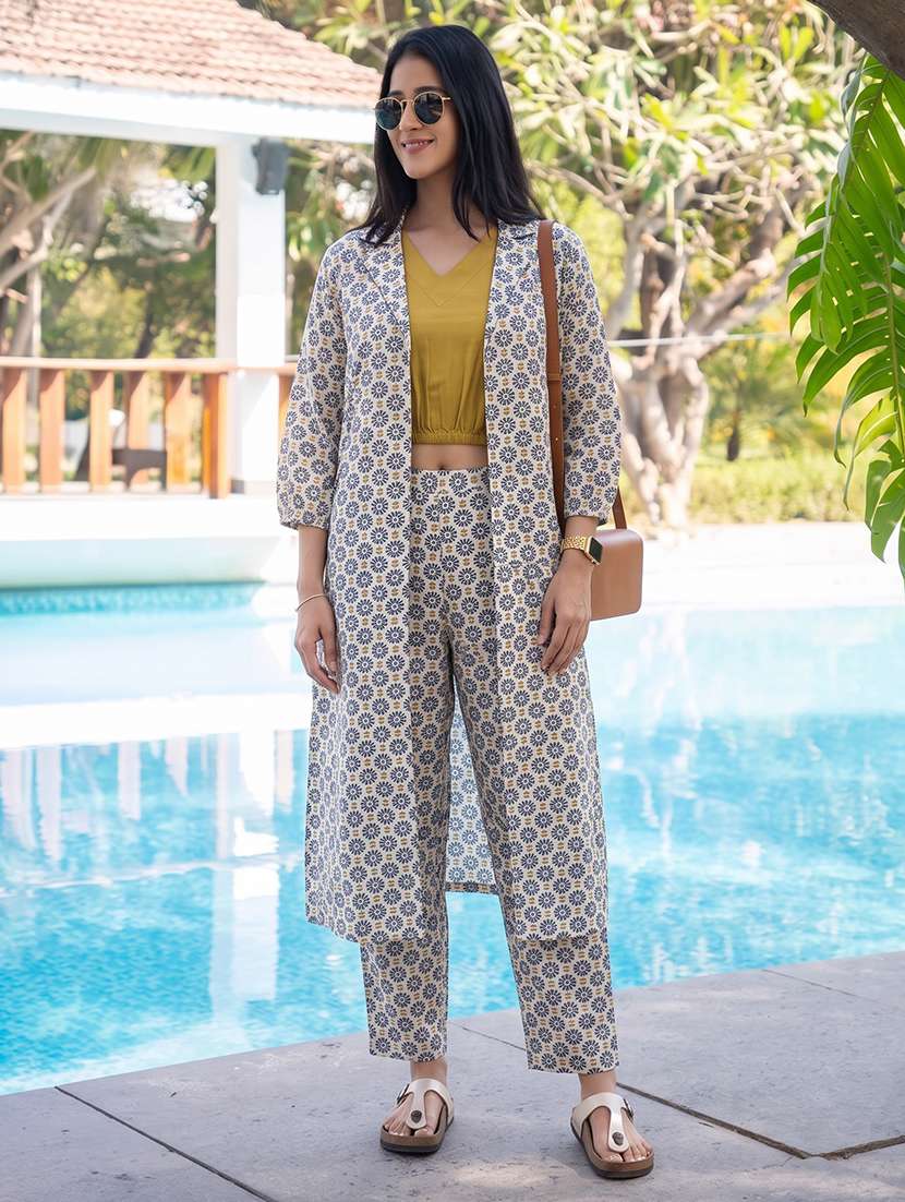 women printed three quarter sleeves top pant and shrug co-ord set - 22664515 -  Standard Image - 1