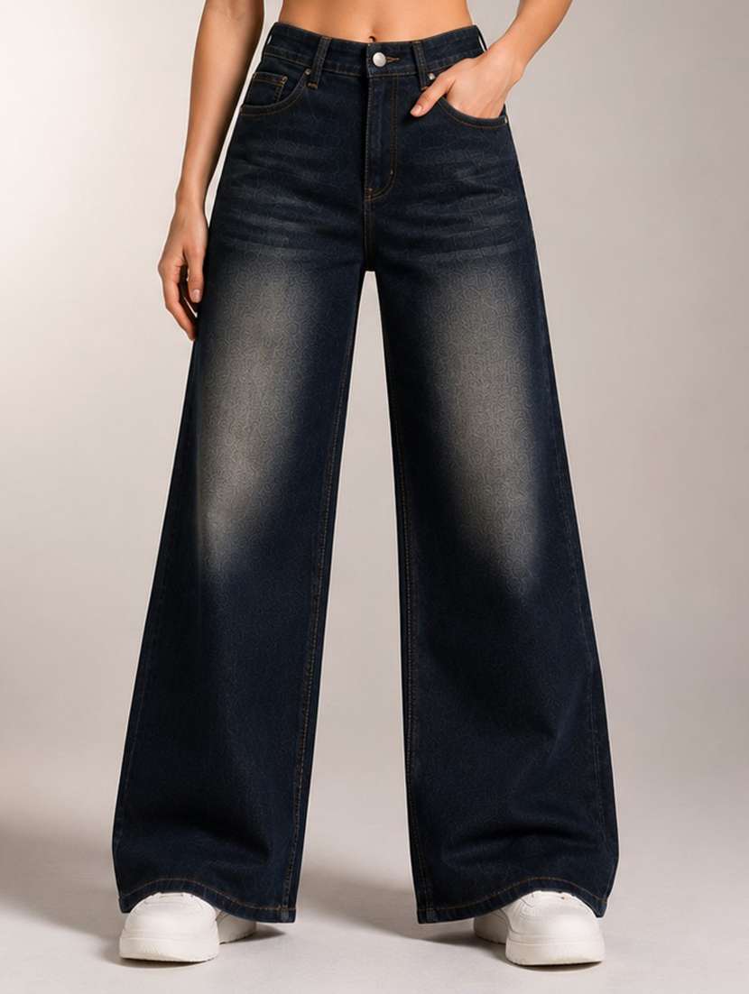 women washed mid rise wide leg jeans