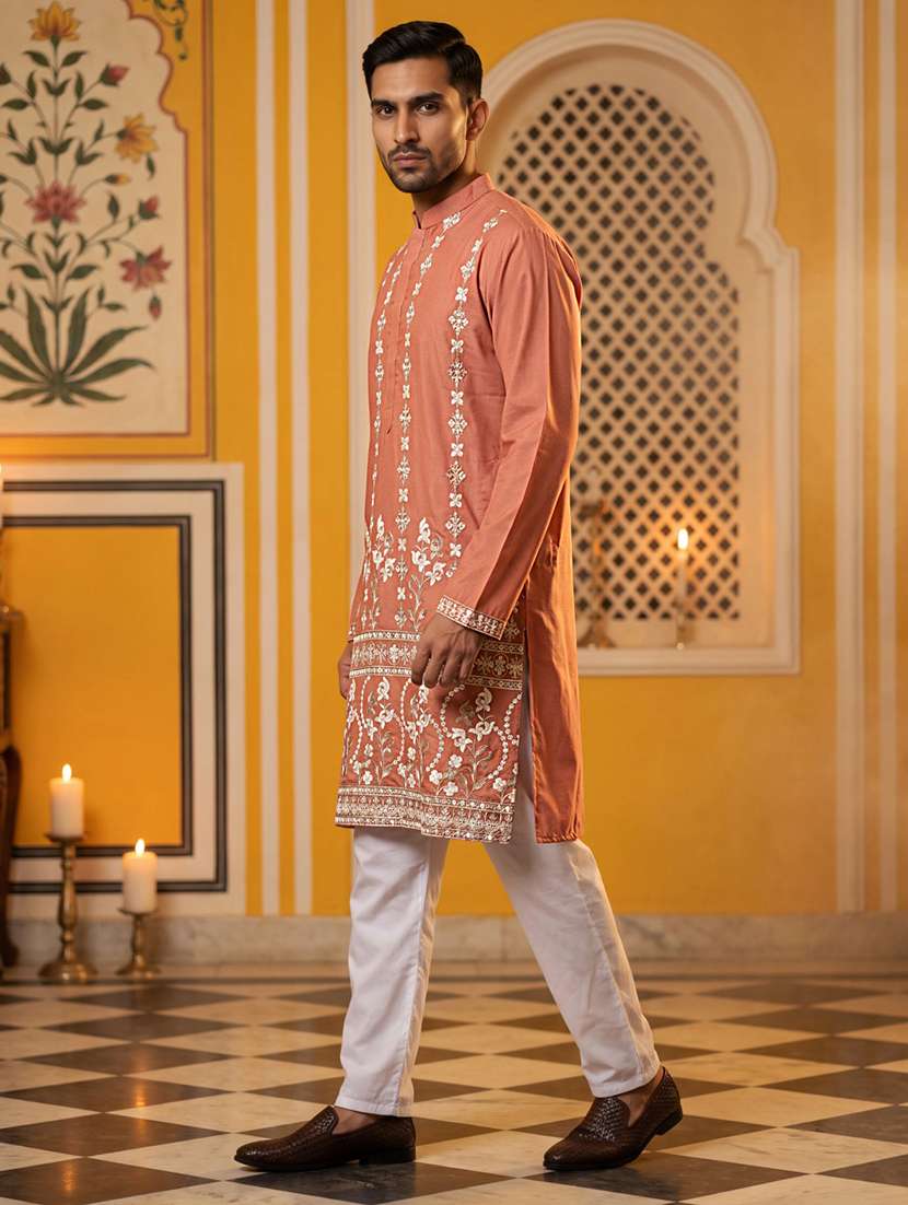Men Embroidered Mandarin Neck Long Kurta - 22665171 -  Standard Image - 4