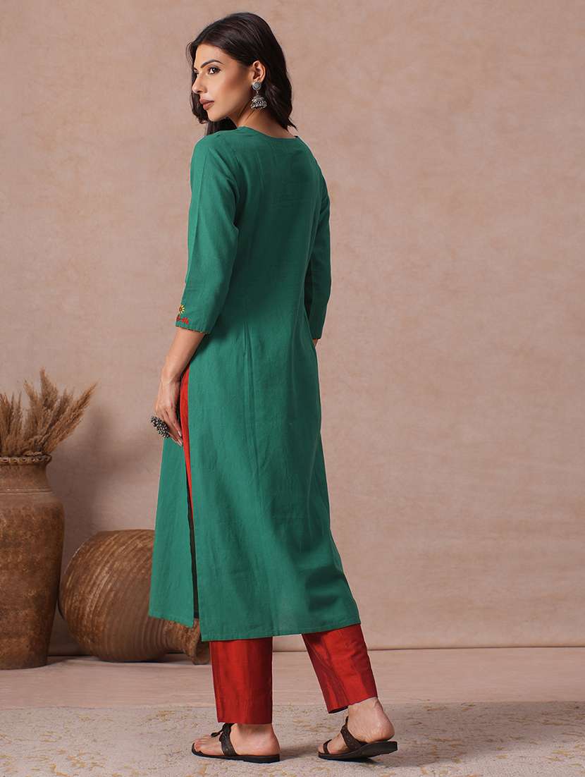 Women Embroidered Three Quarter Sleeves Straight Kurta - 22665489 -  Standard Image - 4