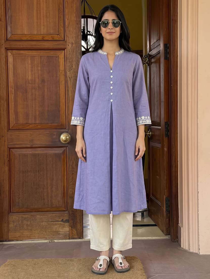 women embroidered three quarter sleeves kurta pant set - 22665853 -  Standard Image - 1