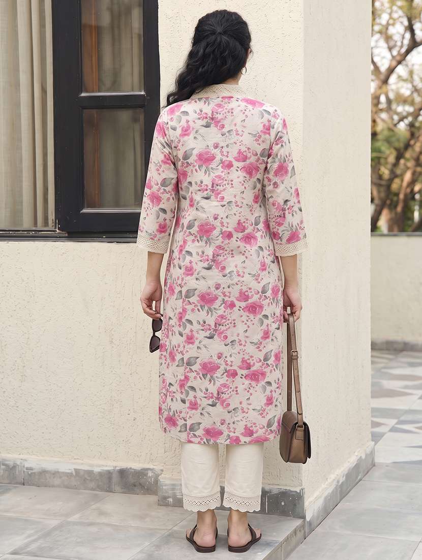 Women Printed Three Quarter Sleeves Kurta Pant Set - 22668270 -  Standard Image - 4