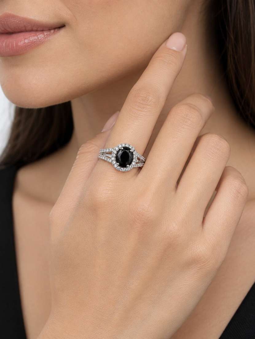 women rhodium plated american diamond with oval center stone & halo openwork pattern ring - 22687553 -  Standard Image - 1