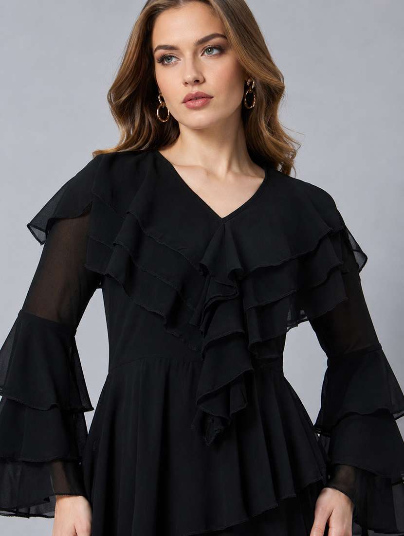 Women Solid Bell Sleeves Layered Dress - 22687995 -  Standard Image - 1