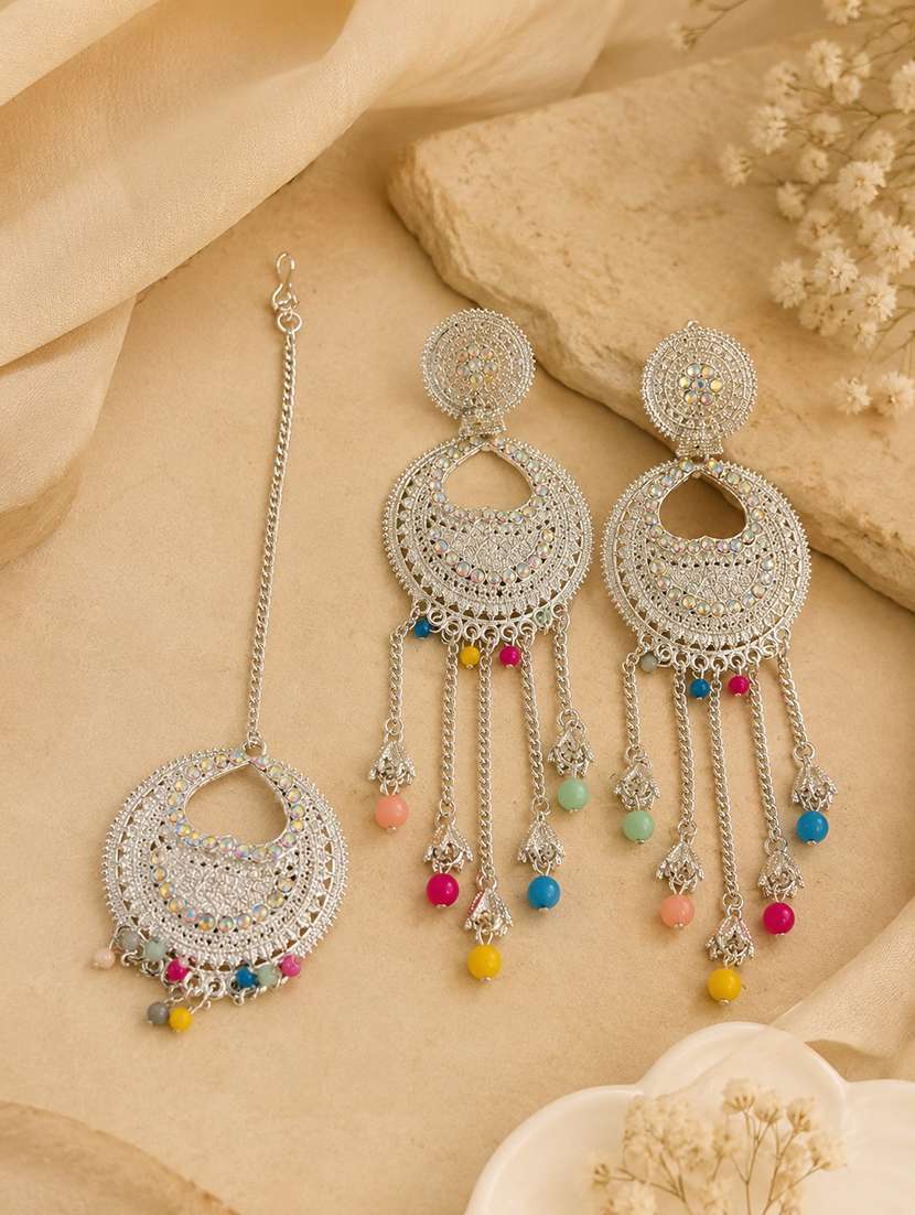 women multi color silver tone chandbali earrings with mangtika