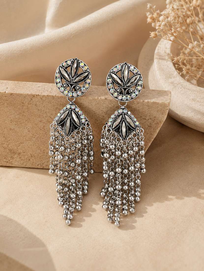 women oxidised silver tone long statement jhumka earrings