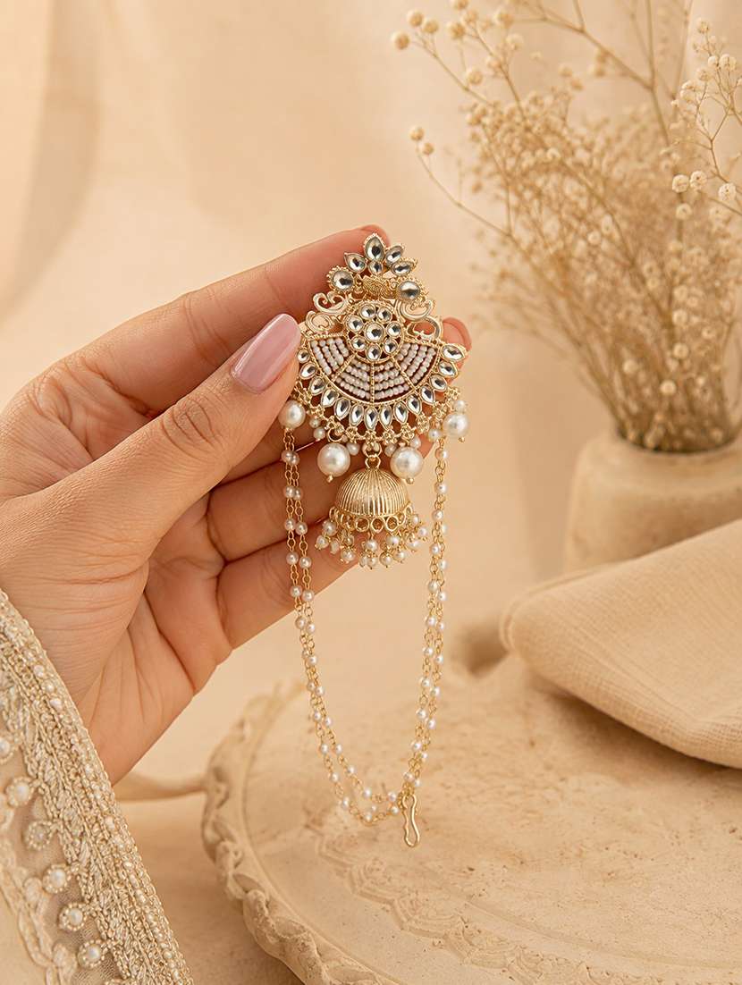 women gold kundan pearl jhumka with chain - 22688029 -  Standard Image - 1