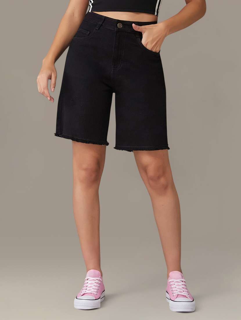 women solid high rise bermuda shorts
