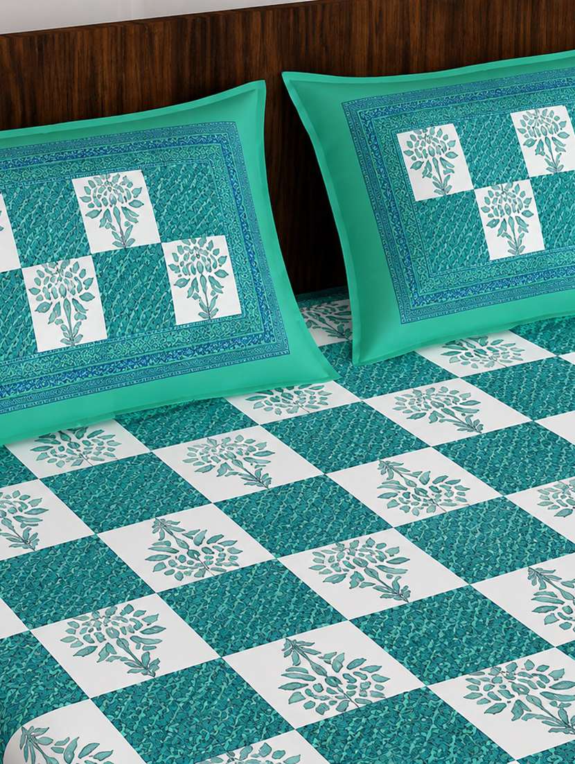 Timeless Trends Sea Green 144 Tc Checks & Tree Printed Double Bedsheet With 2 Pillow Covers - 22688841 -  Standard Image - 1