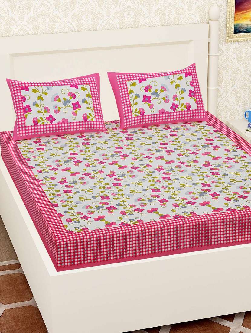 Timeless Trends Pink 144 Tc Small Checks Printed Double Bedsheet With 2 Pillow Covers - 22688842 -  Standard Image - 1