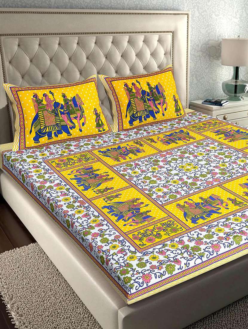Timeless Trends Yellow 144 Tc Elephant Motif Traditional Printed Double Bedsheet With 2 Pillow Covers - 22688849 -  Standard Image - 1