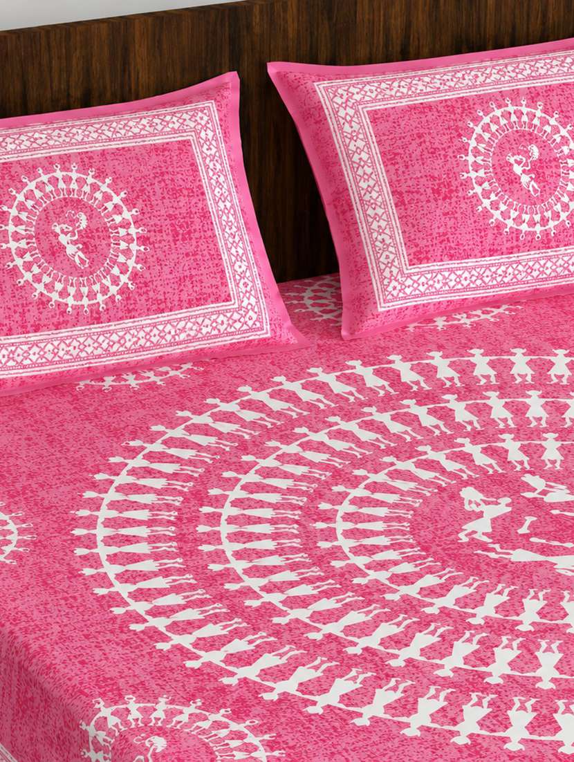Timeless Trends Pink 144 Tc Tribal Human Print Double Bedsheet With 2 Pillow Covers - 22688850 -  Standard Image - 1