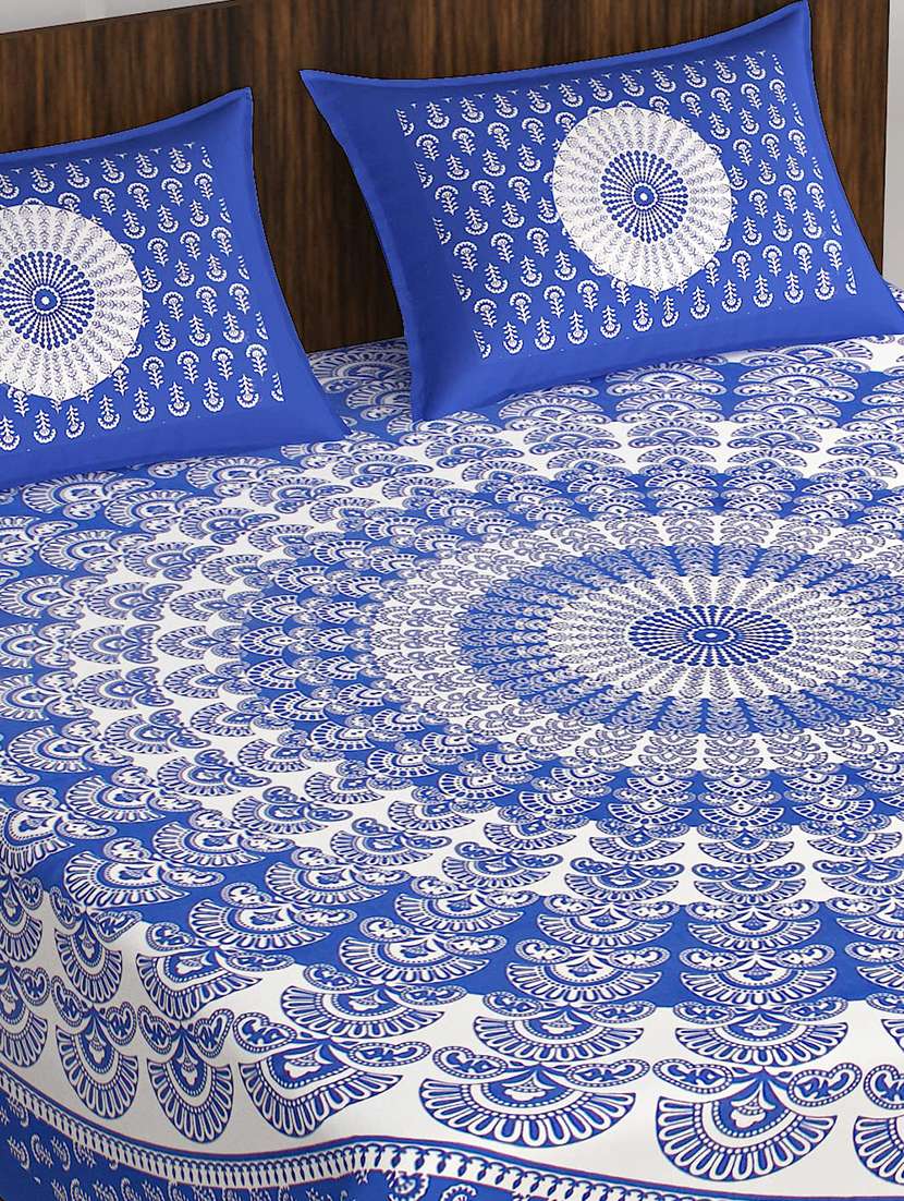 Timeless Trends Blue 144 Tc Peacock Feather Printed Double Bedsheet With 2 Pillow Covers - 22688852 -  Standard Image - 1