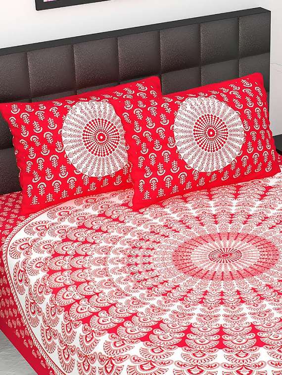 Timeless Trends Red 144 Tc Peacock Feather Printed Double Bedsheet With 2 Pillow Covers - 22688853 -  Standard Image - 1