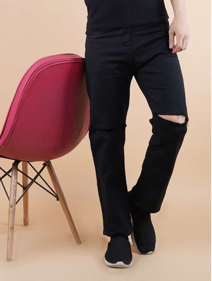 men slash knee mid rise full length straight jeans