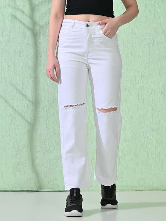 women slashed knee mid rise straight jeans