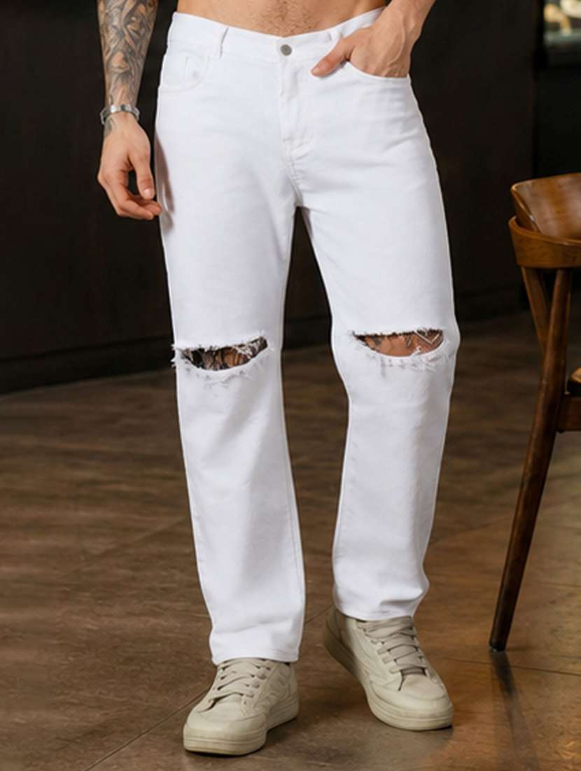 men slash knee mid rise full length straight jeans