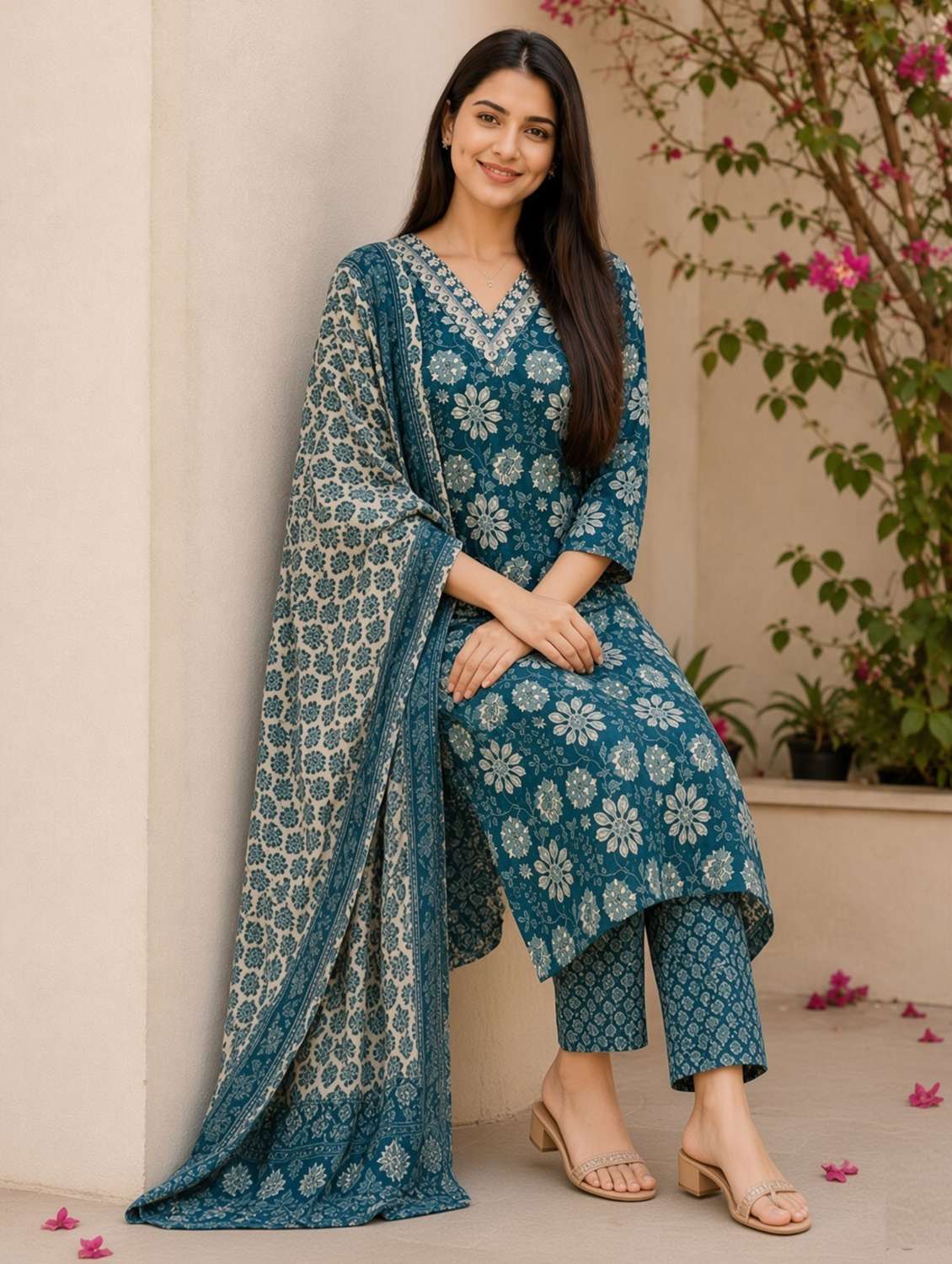 Women Printed Three Quarter Sleeves Kurta Pant Set With Dupatta - 22691006 -  Standard Image - 4