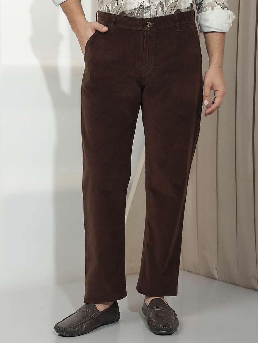 men solid mid rise casual trouser