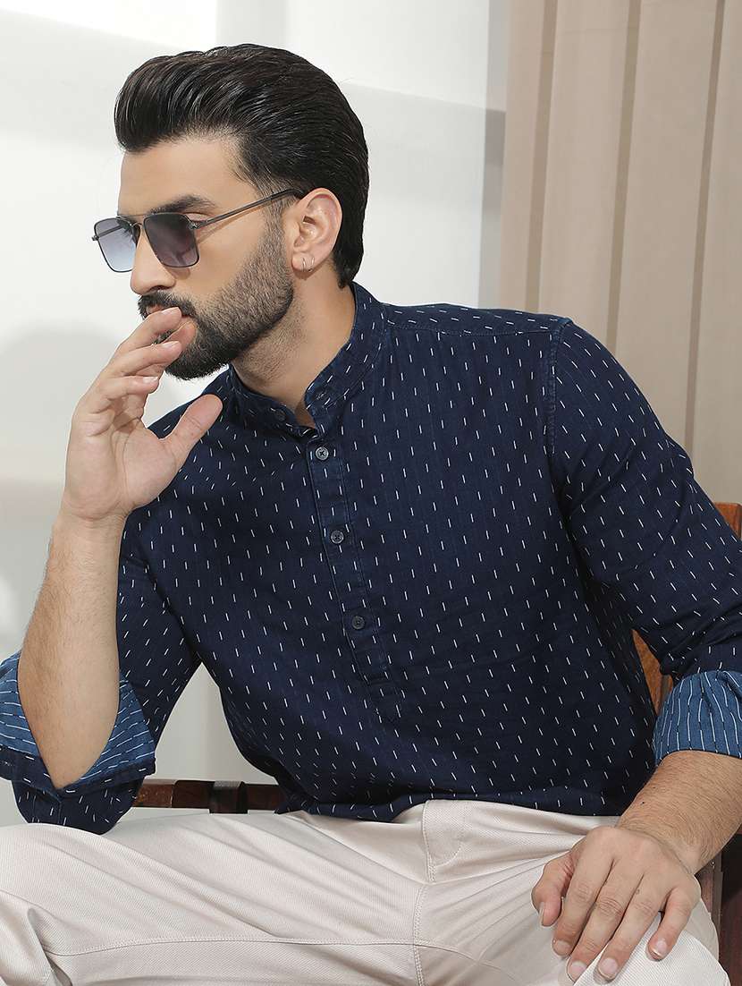 men printed mandarin neck short kurta
