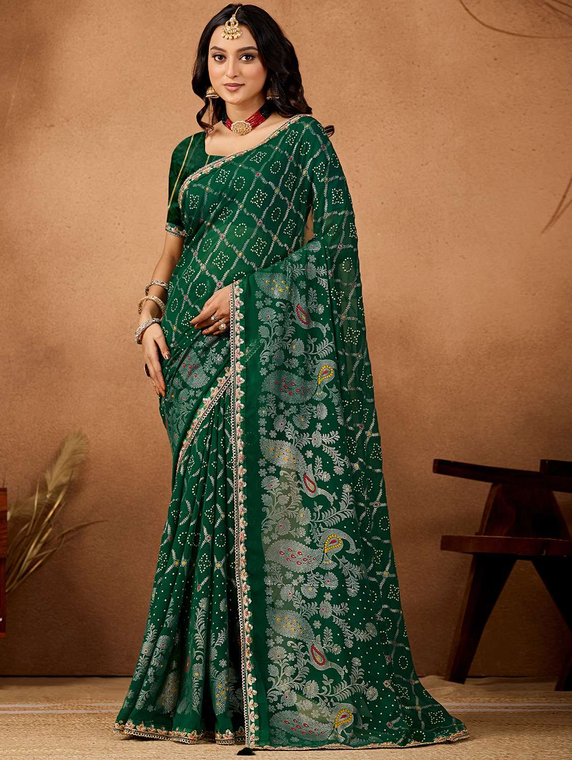 women bandhani printed saree with blouse