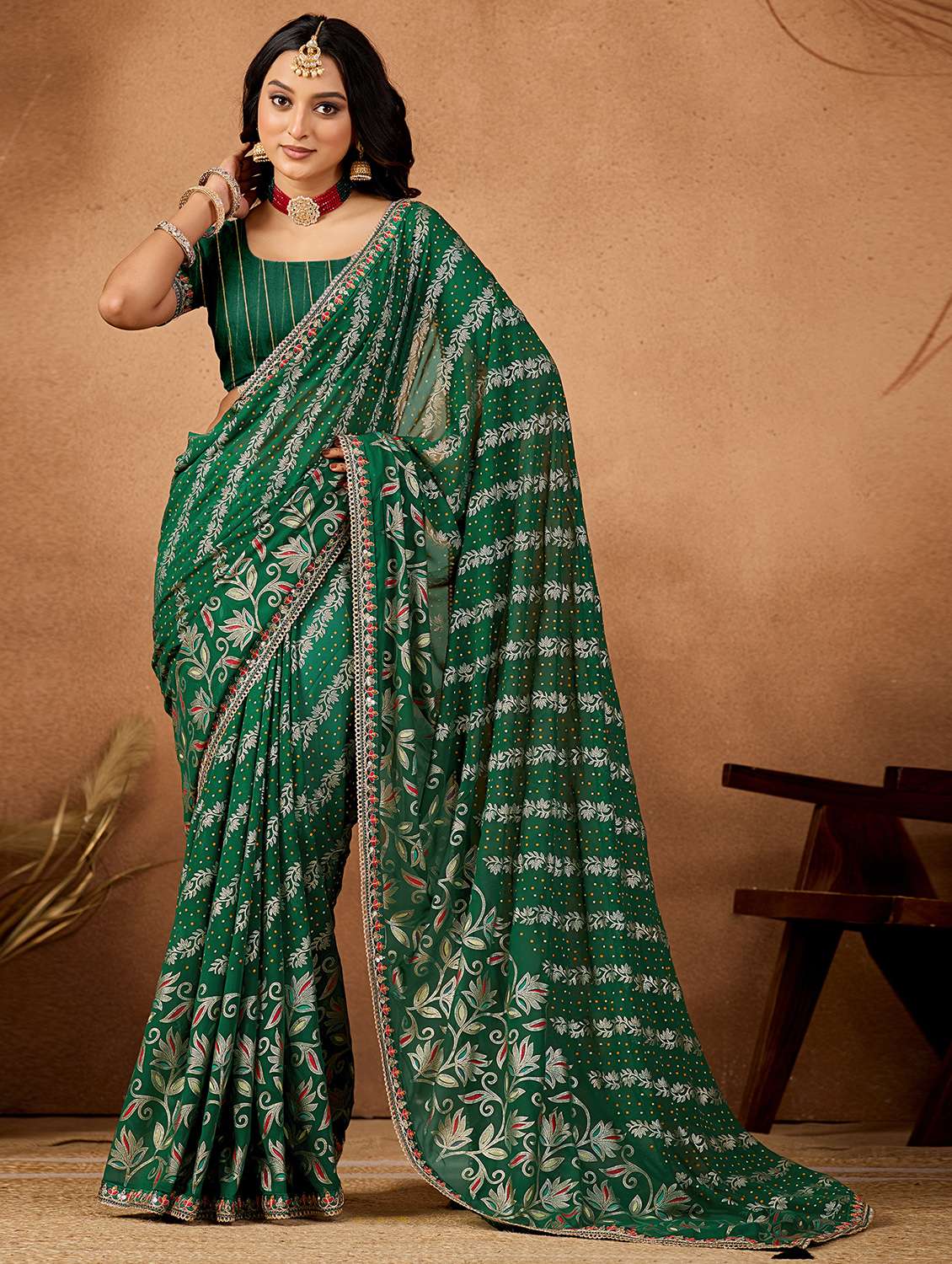 women bandhani printed saree with blouse