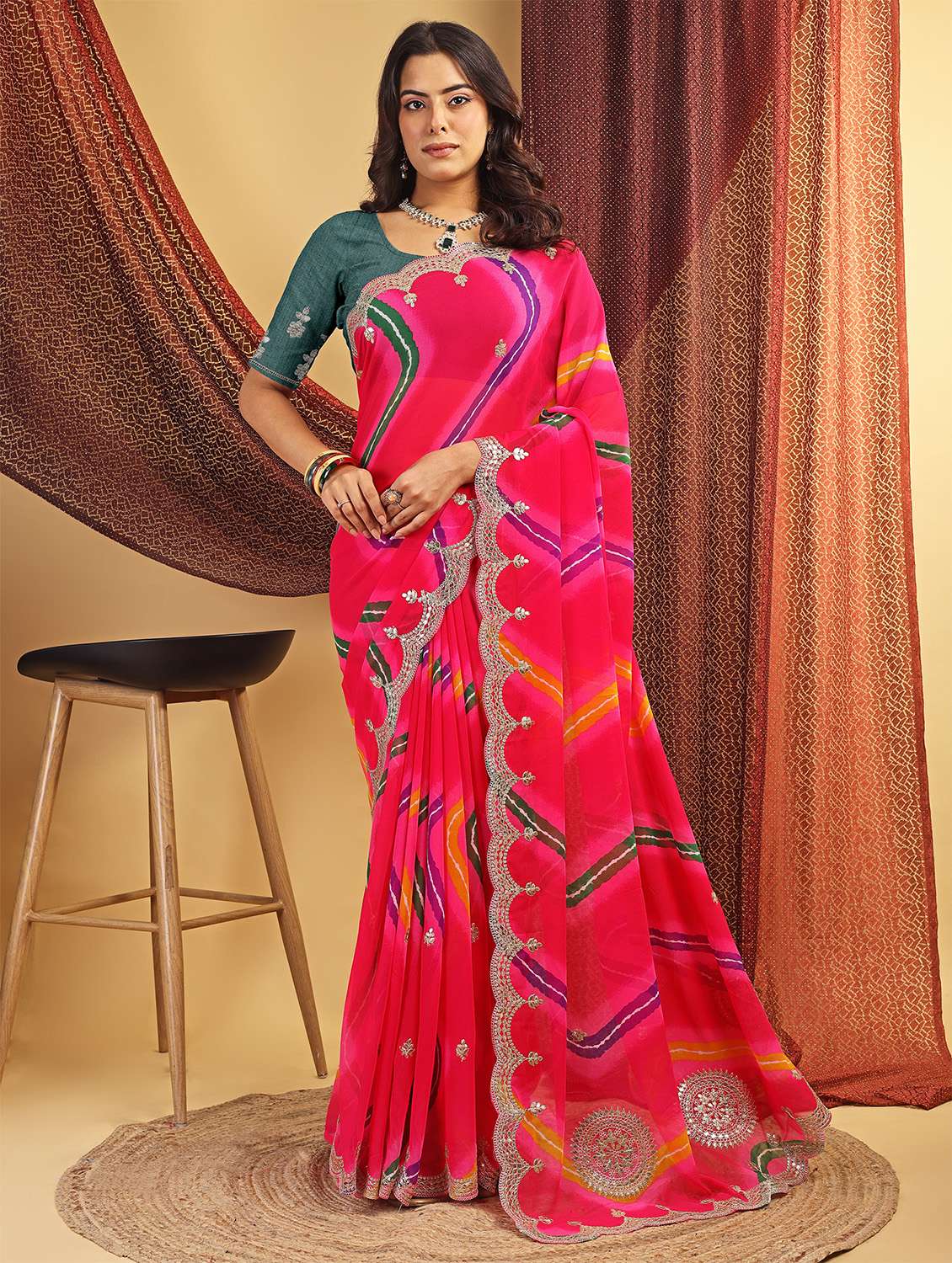 women leheriya printed saree with blouse