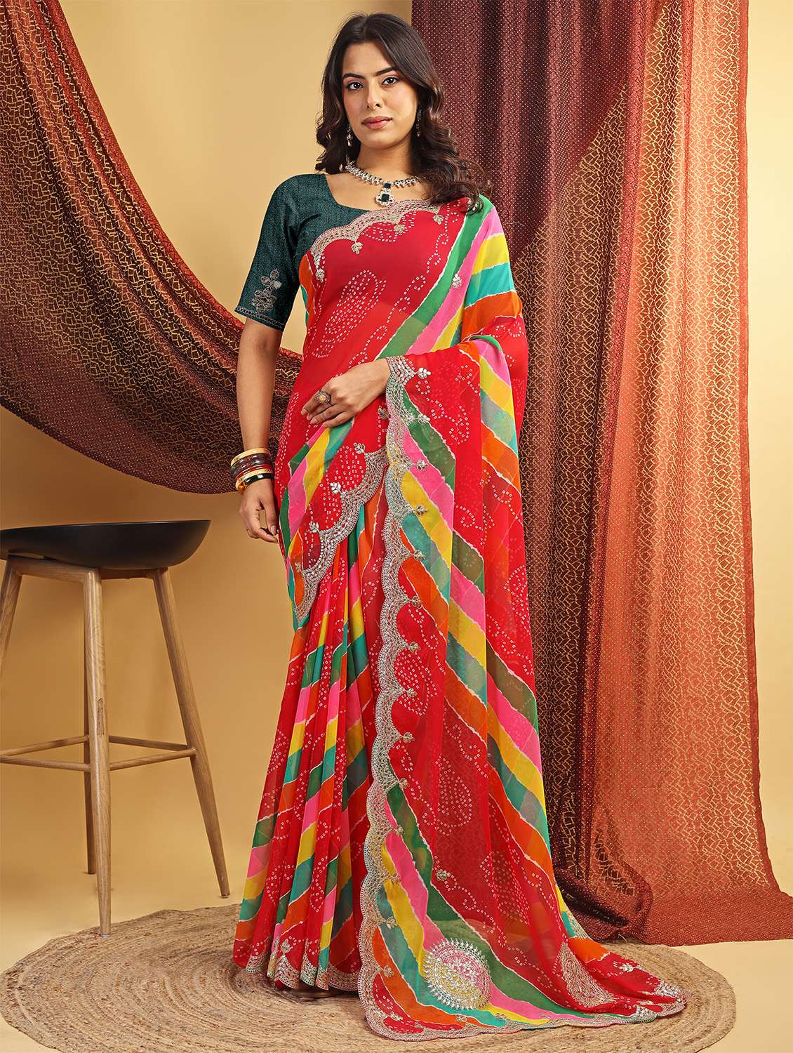 women leheriya printed saree with blouse
