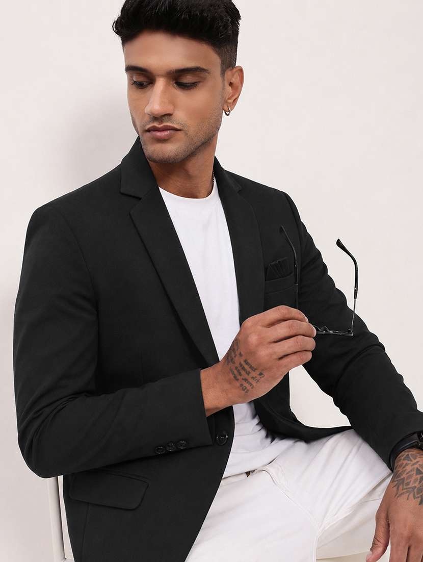 men solid lapel collar single breasted casual blazer