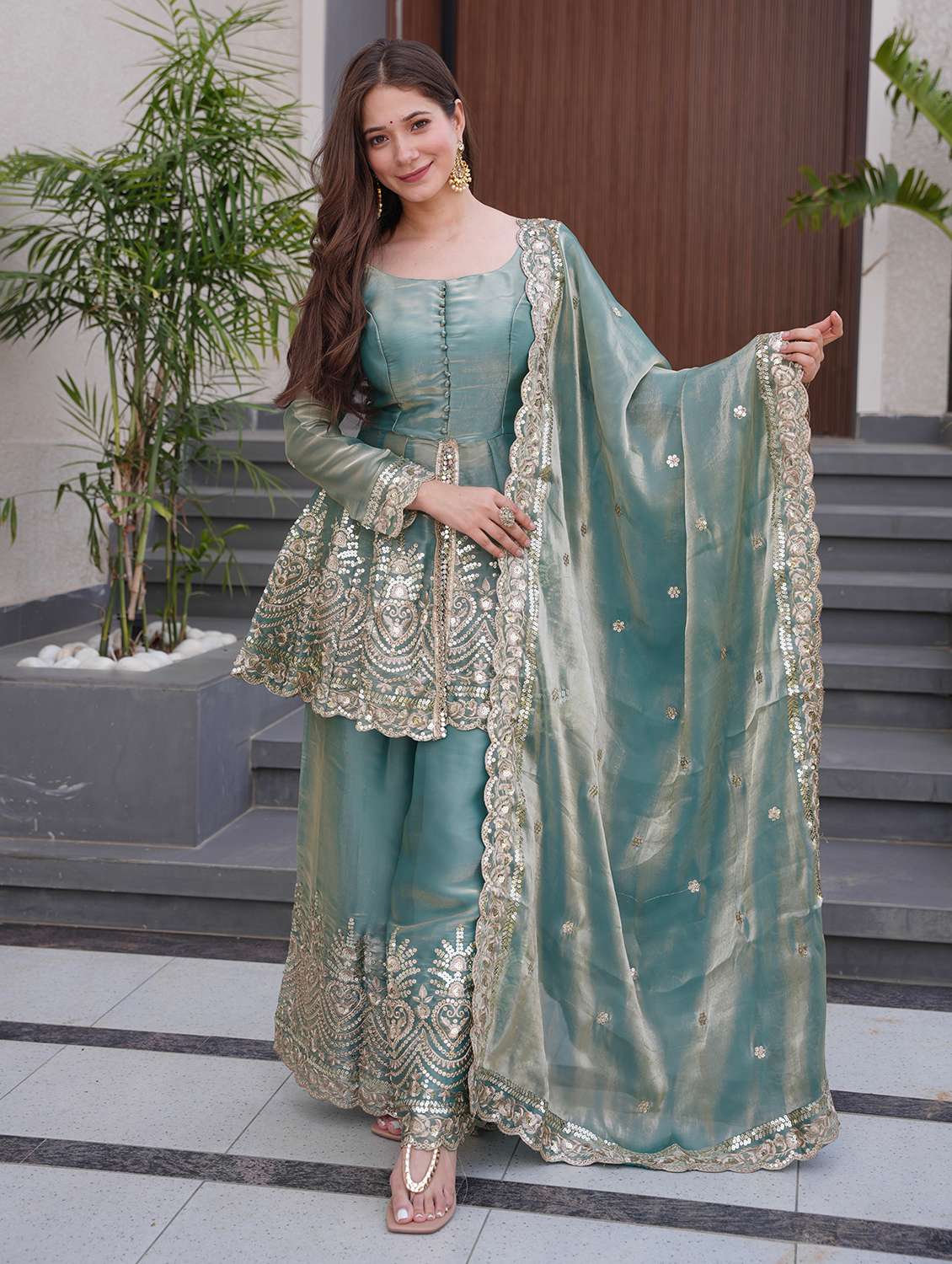 women embroidered long sleeves kurta palazzo set with dupatta