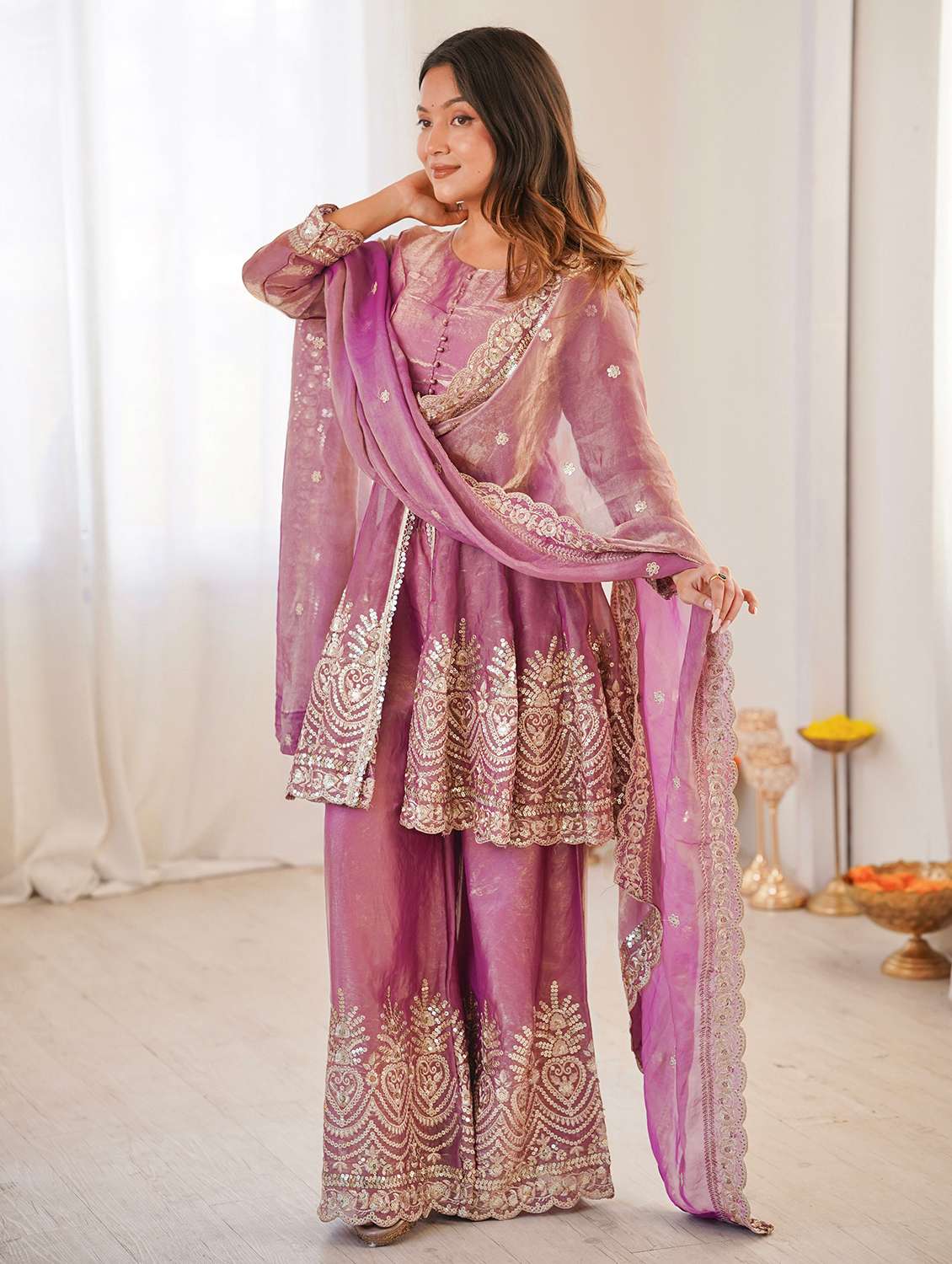 women embroidered long sleeves kurta palazzo set with dupatta