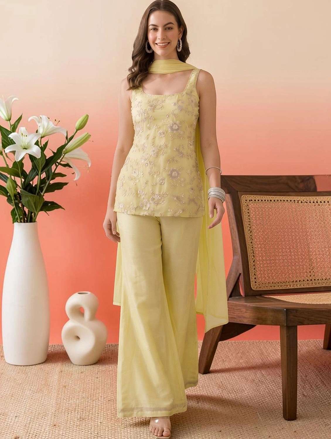 Women Embroidered Sleeveless Kurta Palazzo Set With Dupatta - 22696784 -  Standard Image - 1