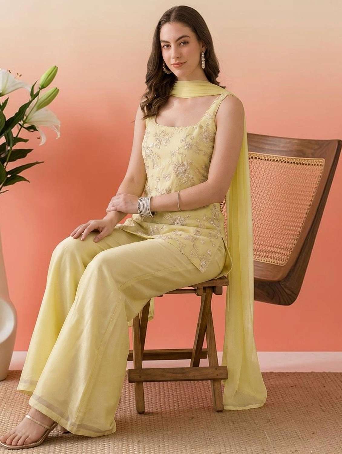 Women Embroidered Sleeveless Kurta Palazzo Set With Dupatta - 22696784 -  Standard Image - 4