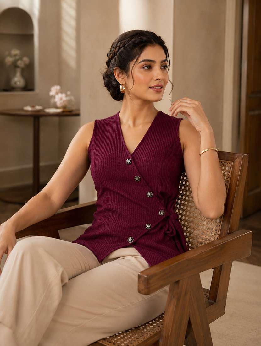 Women Self Design Sleevless Wrap Top - 22696928 -  Standard Image - 4