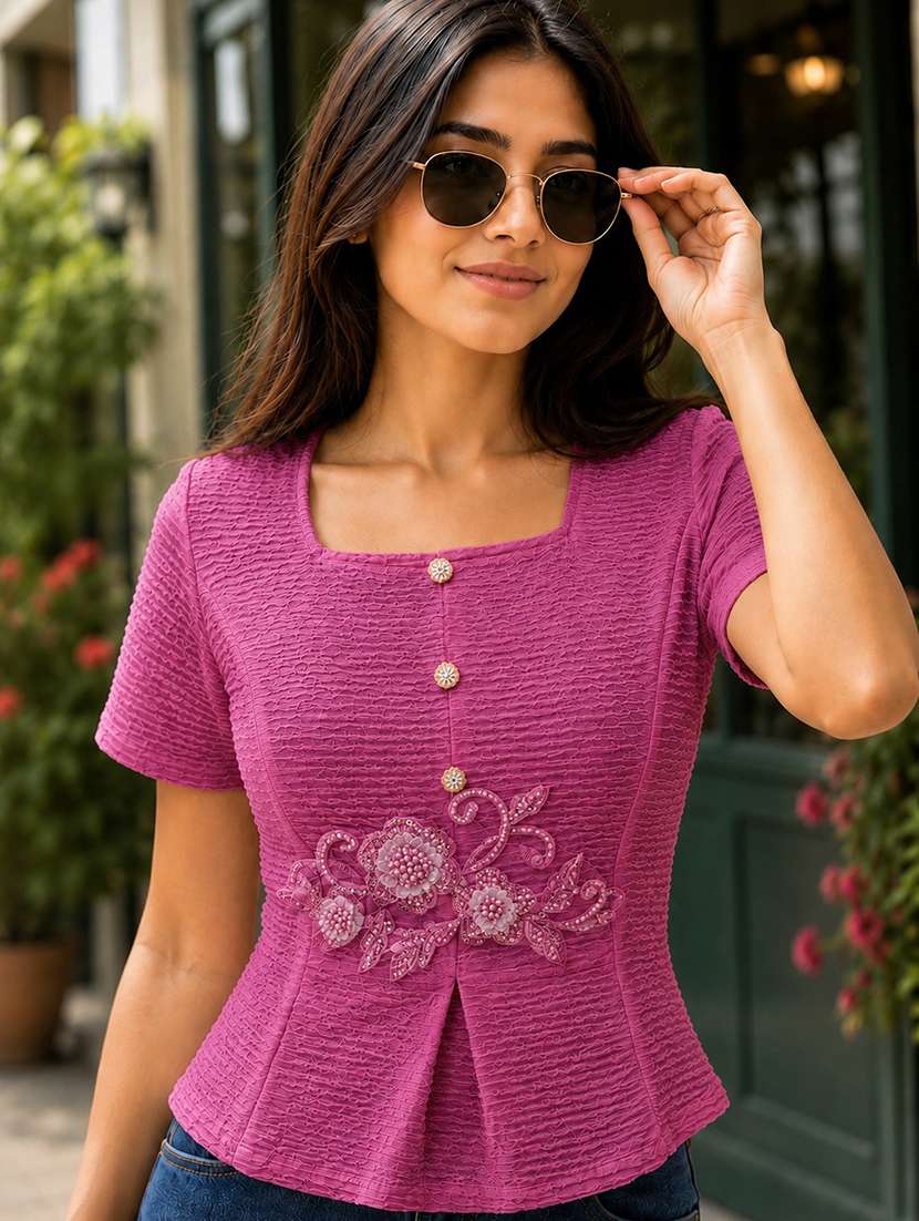 Women Self Design Short Sleeves Regular Top - 22696971 -  Standard Image - 1