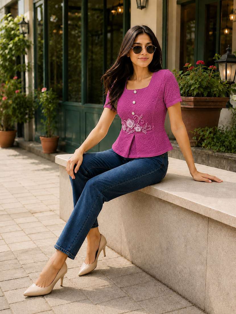 Women Self Design Short Sleeves Regular Top - 22696971 -  Standard Image - 4