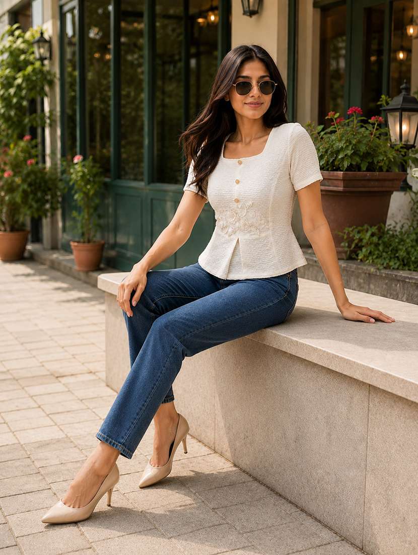 Women Self Design Short Sleeves Regular Top - 22696972 -  Standard Image - 4