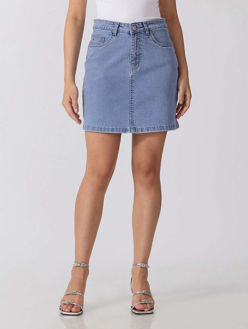 women solid high rise denim skirt