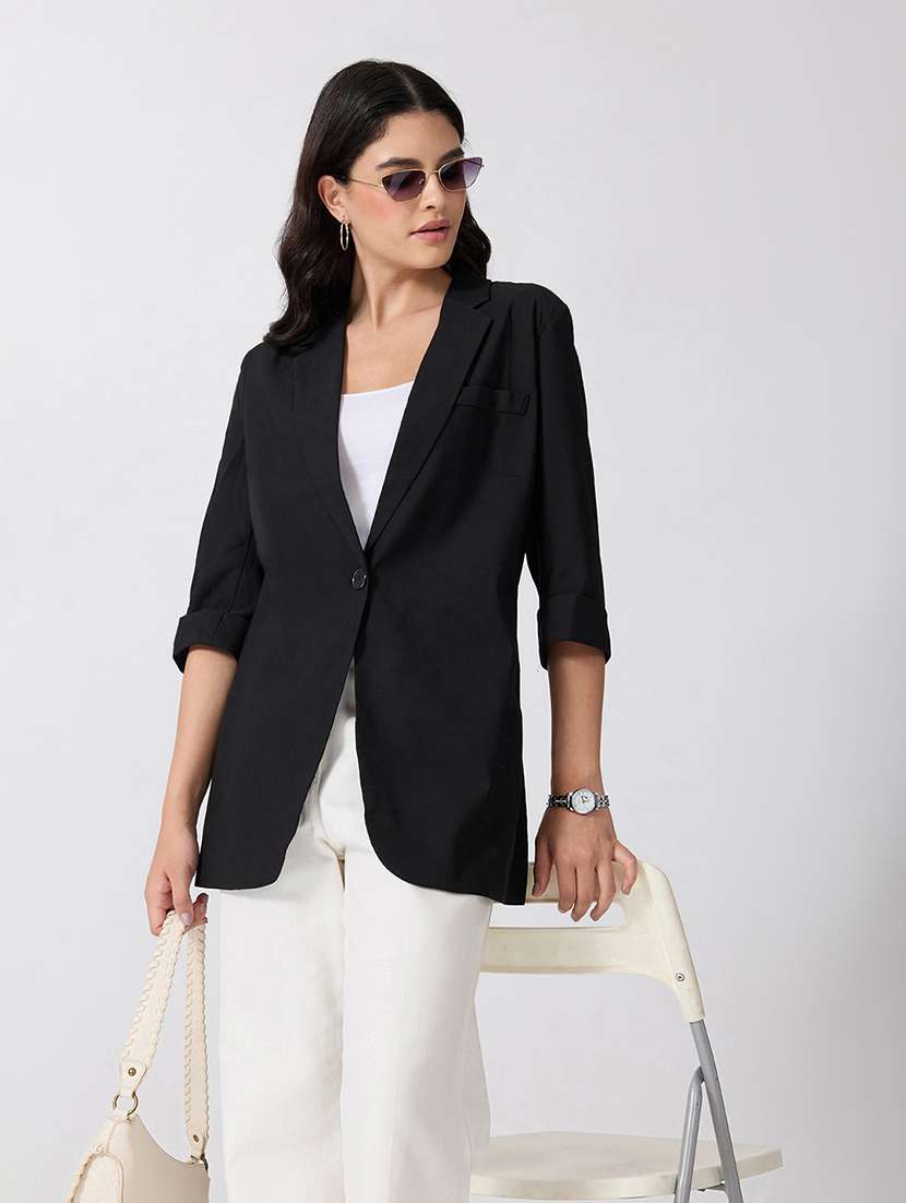 Women Solid Three Quarter Sleeves Single Breasted Blazer - 22697074 -  Standard Image - 4