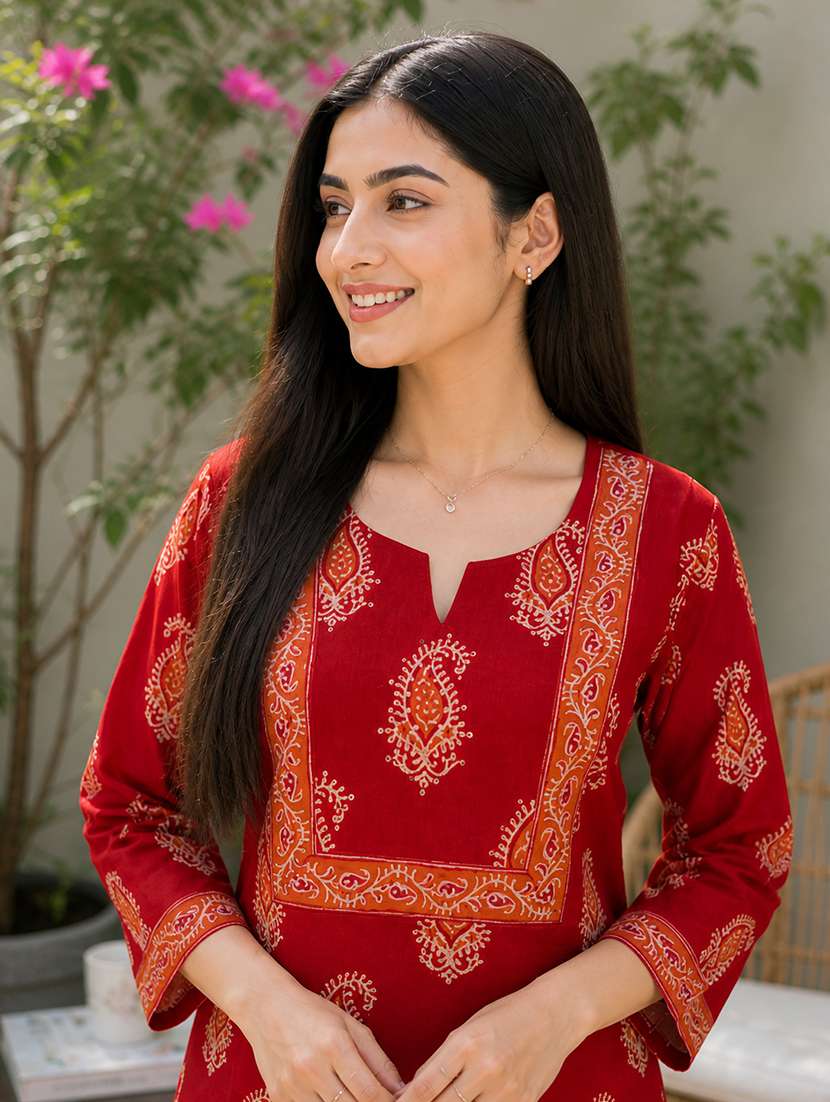 Women Printed Three Quarter Sleeves Straight Kurta - 22697210 -  Standard Image - 1