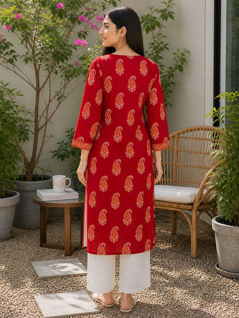 Women Printed Three Quarter Sleeves Straight Kurta - 22697210 -  Standard Image - 4
