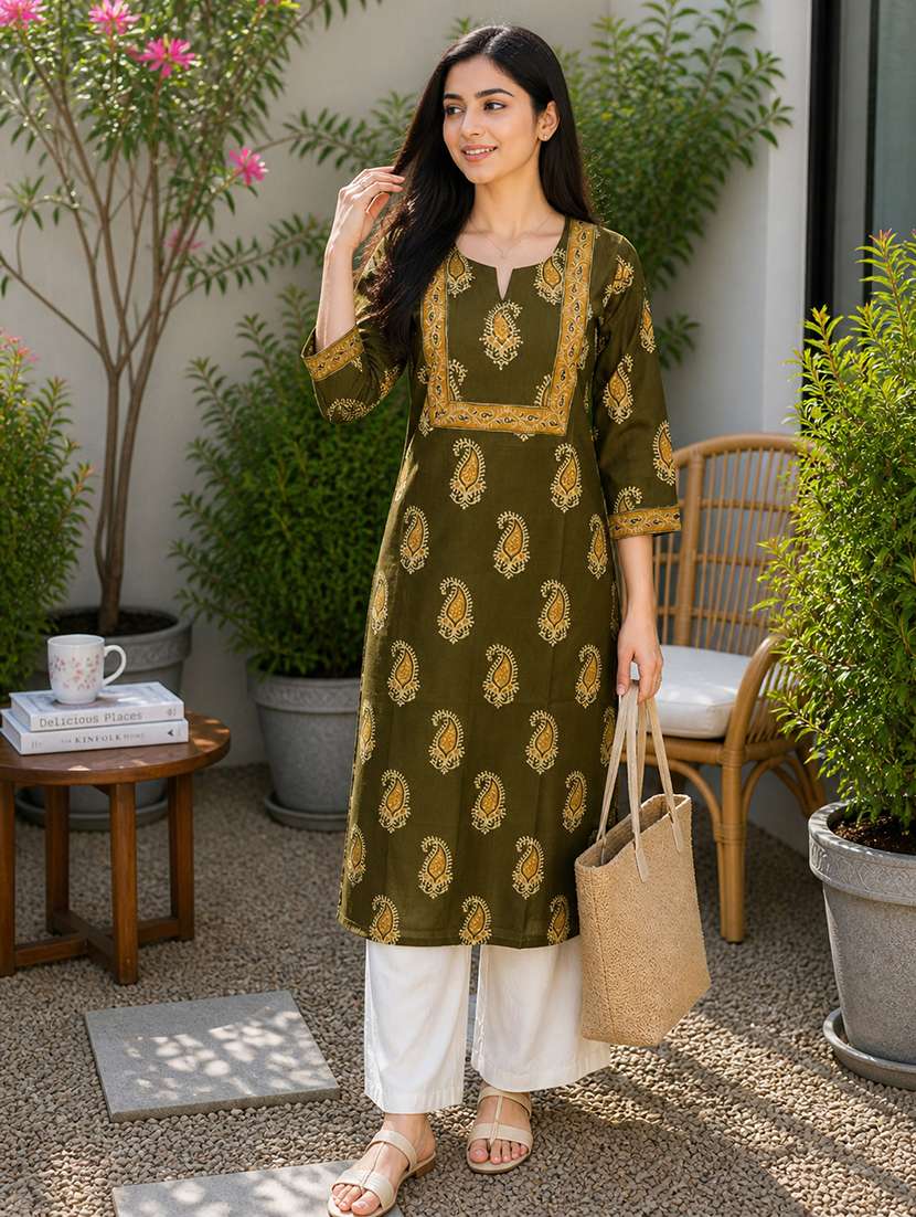 Women Printed Three Quarter Sleeves Straight Kurta - 22697211 -  Standard Image - 4
