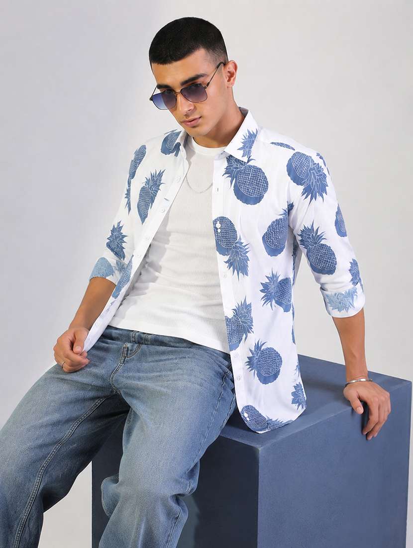 men printed long sleeve slim fit casual shirt