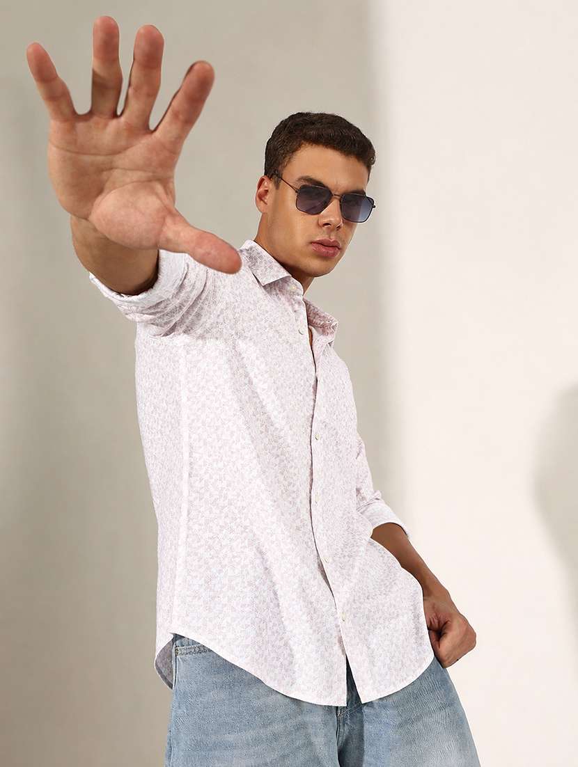 men printed long sleeve slim fit casual shirt
